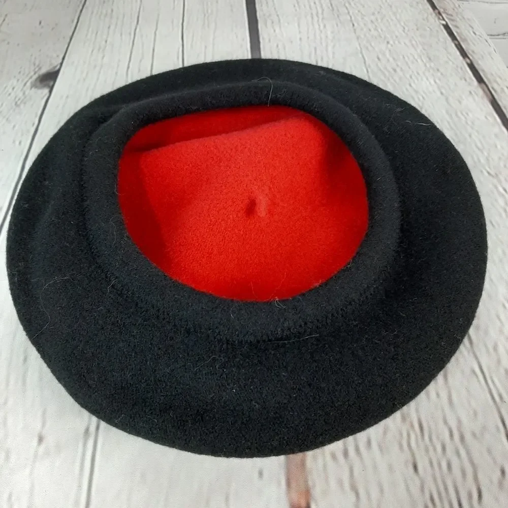 Vintage Thick Red Black Wool Reversible Beret Hat Stylish Retro Warm Cla…
